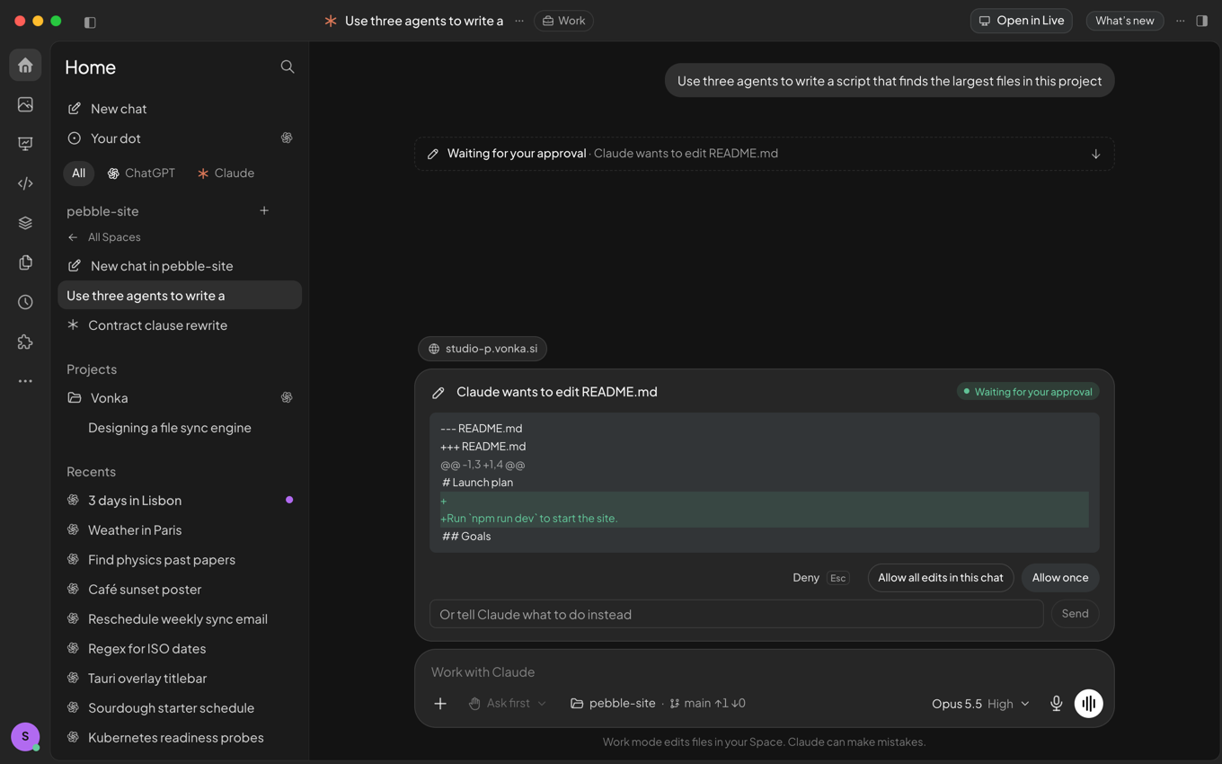 Claude Code asking for approval before editing README.md, with Deny, Allow all edits in this chat and Allow once buttons