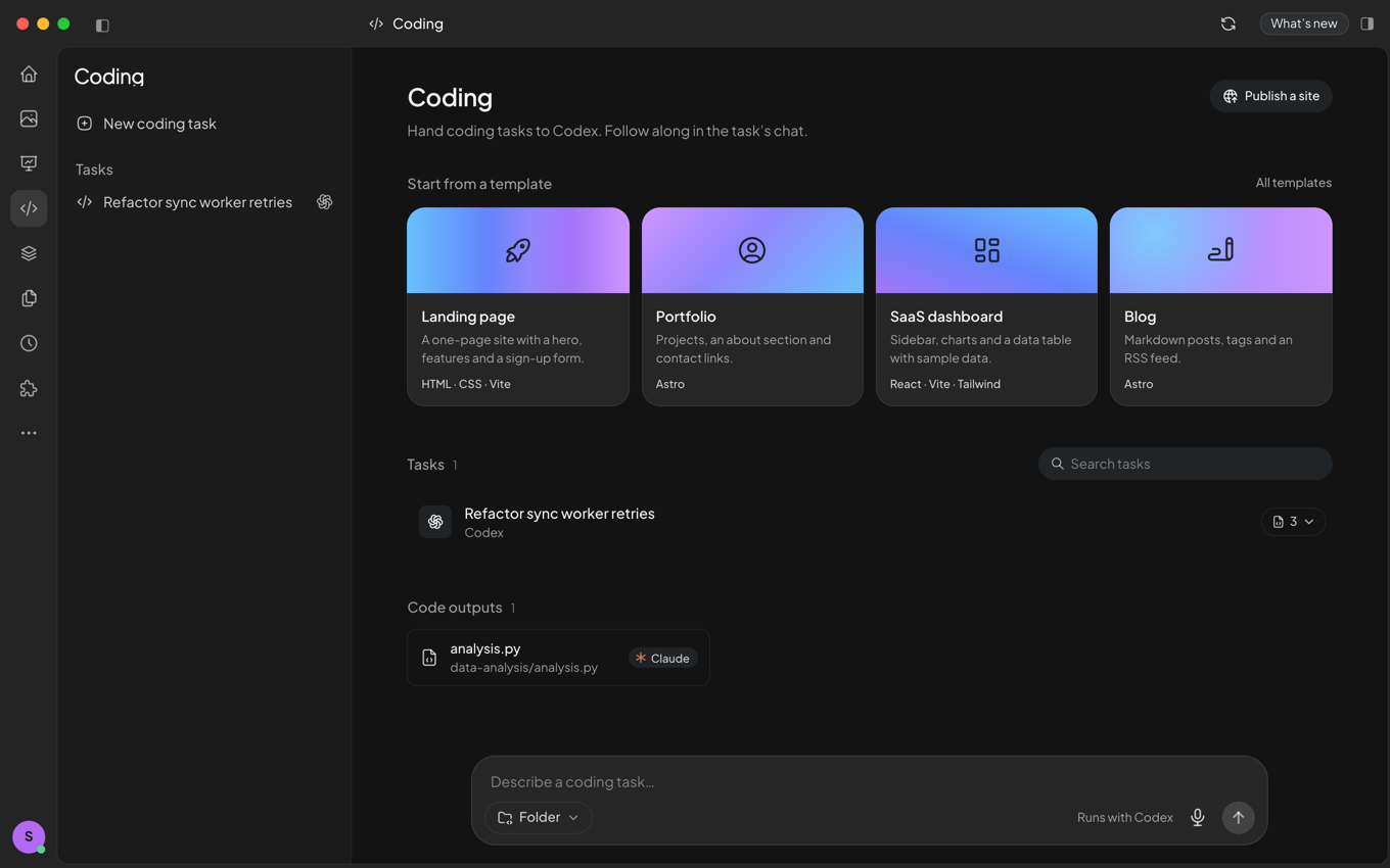 The Coding page with project templates such as a landing page, portfolio, SaaS dashboard and blog, and recent coding tasks