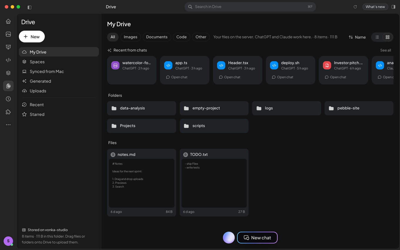 Vonka Drive with recent files from ChatGPT and Claude chats, folders and files stored on the server
