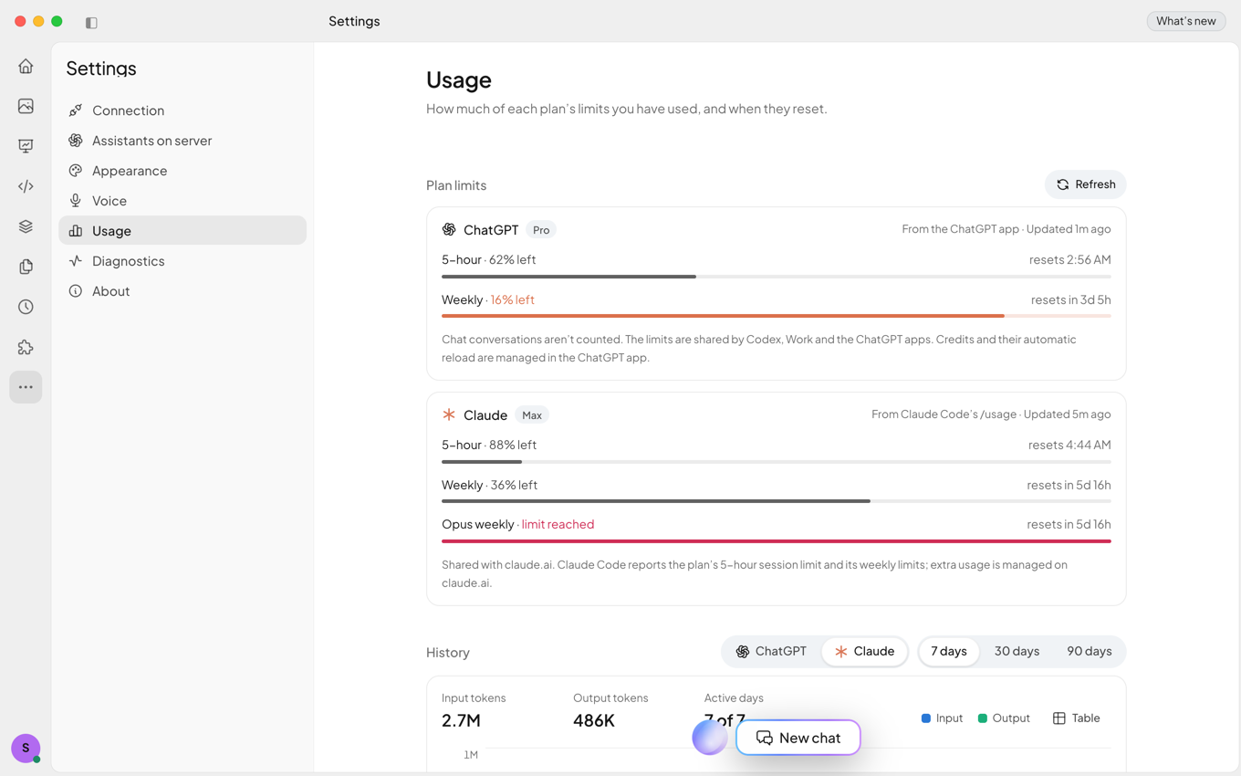 Settings, Usage: how much of the ChatGPT and Claude plan limits is left and when they reset